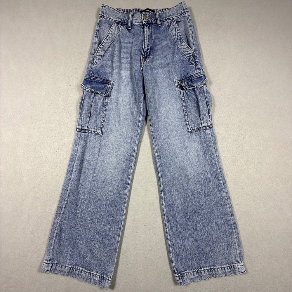 Aeropostale High Rise Wide Leg Cargo Jeans Blue Denim Light Wash Women S Short - Picture 2 of 10
